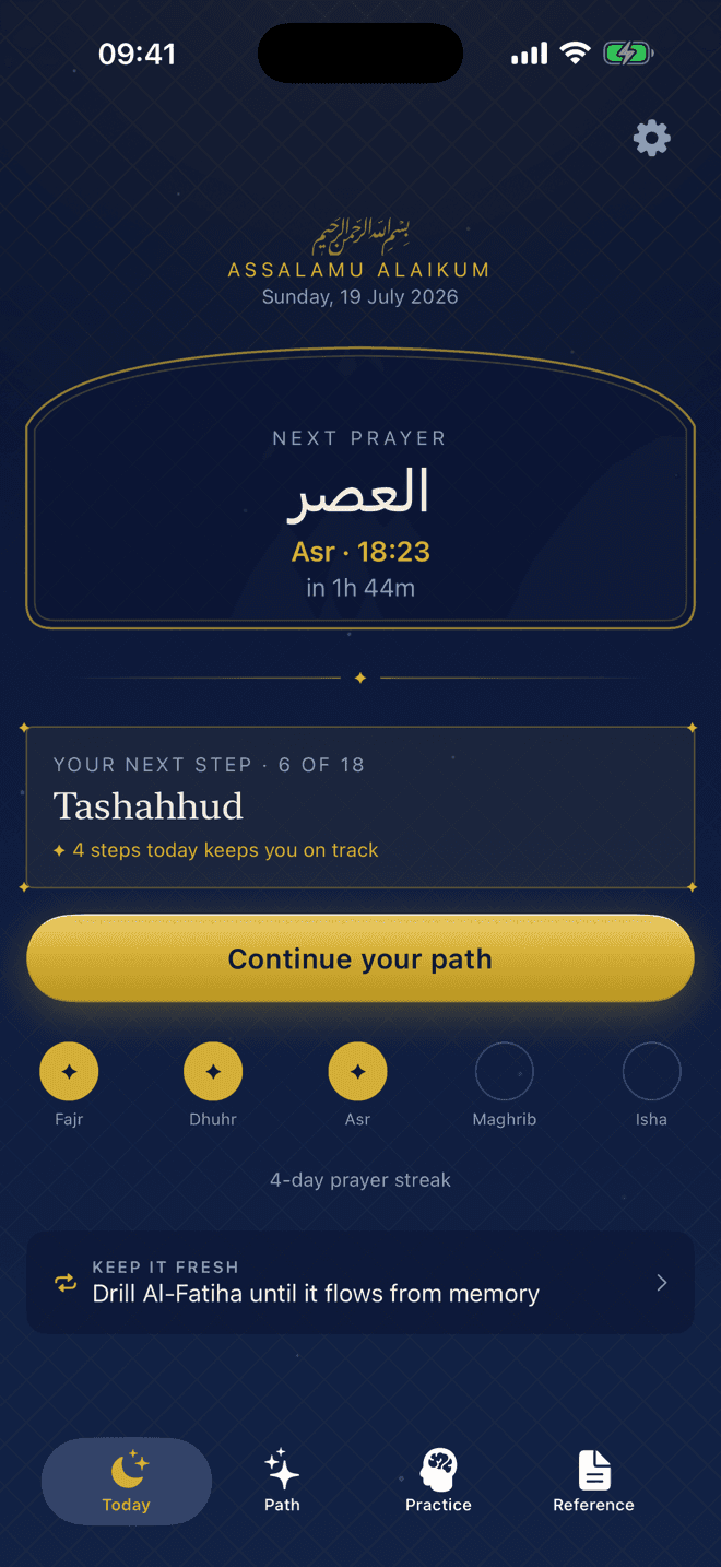 Revertly Today screen showing the next prayer and your current step on the path