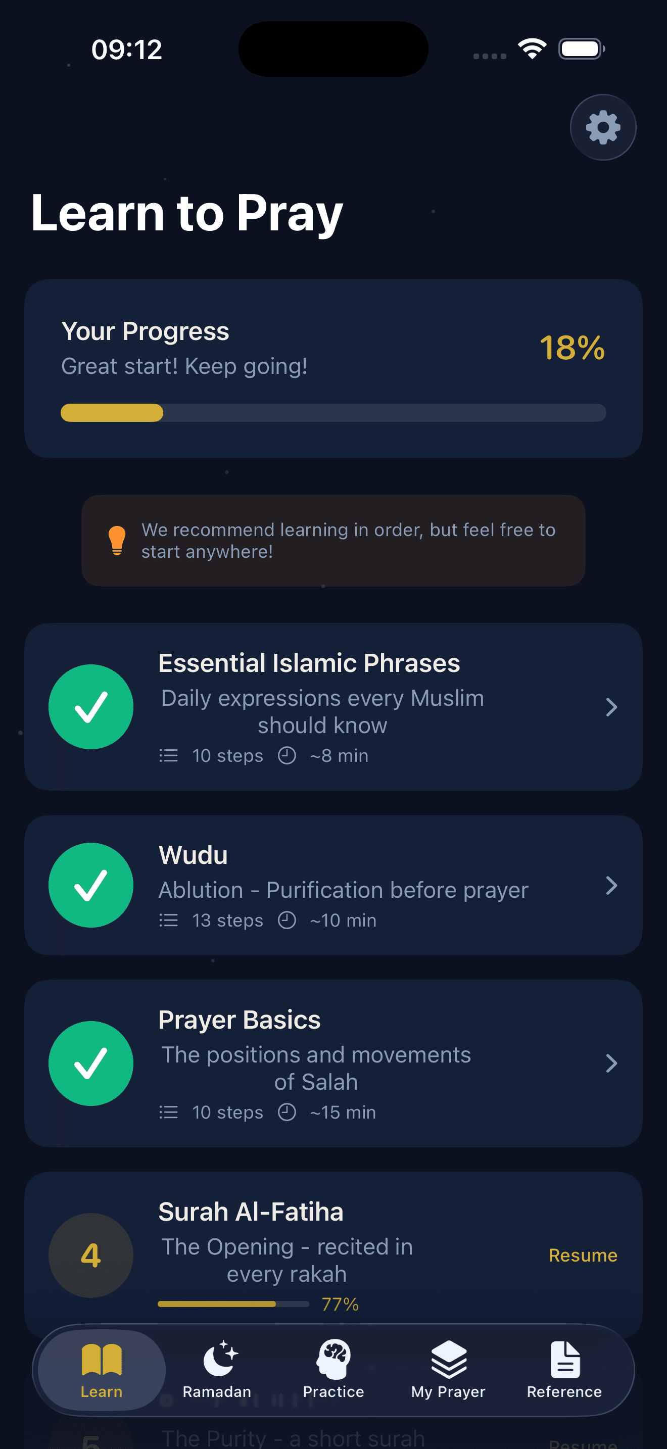 Revertly app showing the Learn tab with step-by-step prayer lessons