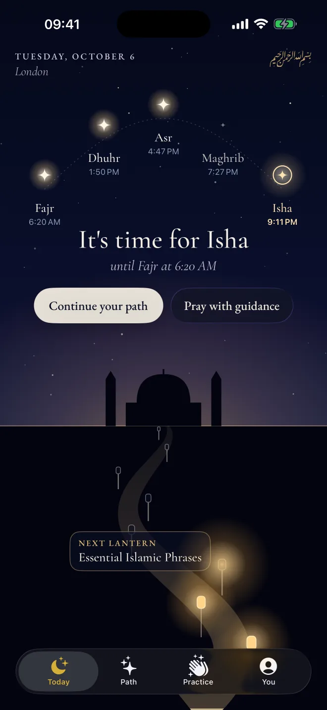 Revertly Today screen: the five prayers as stars in the night sky, and the next lantern on your path